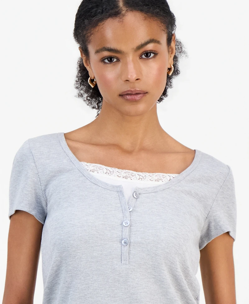 Hippie Rose Juniors' Layered-Look Short-Sleeve Henley