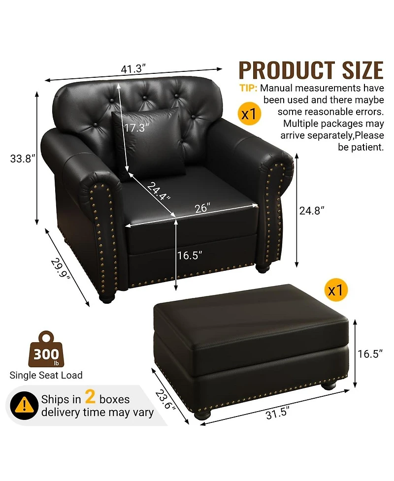 Maison Boucle 41.3'' Faux Leather Sofa Chair and Ottoman Set 2PC, Nailhead Tufted