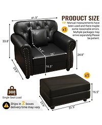Maison Boucle 41.3'' Faux Leather Sofa Chair and Ottoman Set 2PC, Nailhead Tufted