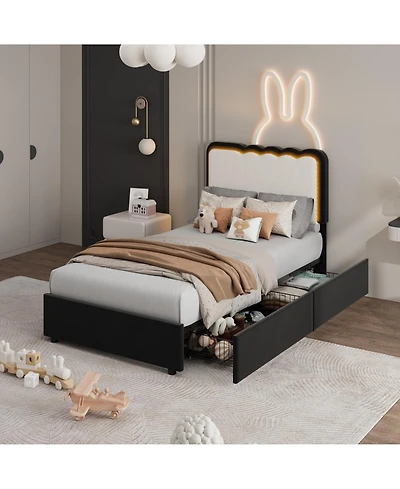 Gaomon Upholstered Bed Frame with Led Lights, Adjustable High Headboard, Large Storage Drawer, No Box Spring Required, Noise-Free