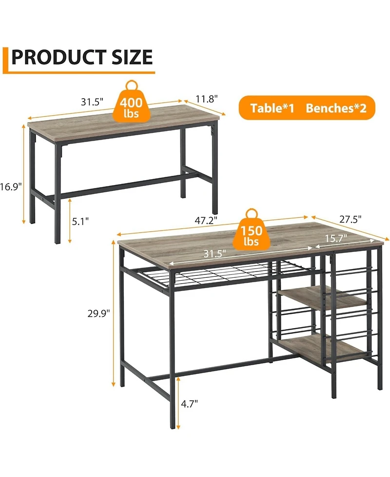 Gaomon 3-Piece Dining Set for 4, Table with 2 Benches, Rack & Storage