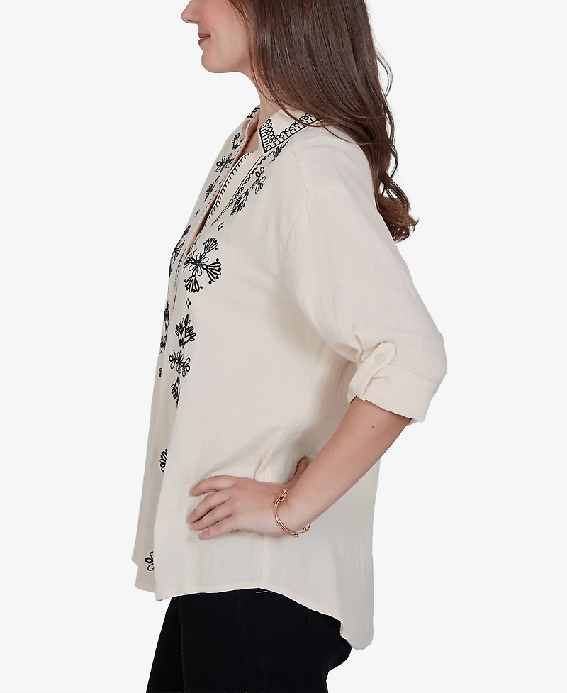 Ruby Rd. Petite Embroidered Gauze Button-Front Top