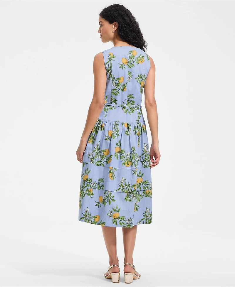 Lands' End Women's Poplin Square Neck Midi Tie Waist Dress
