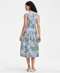 Lands' End Women's Poplin Square Neck Midi Tie Waist Dress