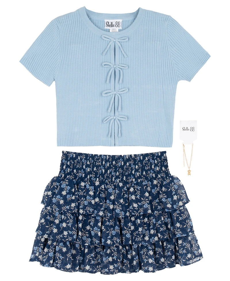 Rare Editions Girls' 7-16 Rib Knit Bow Top and Skort, 2-Piece Set