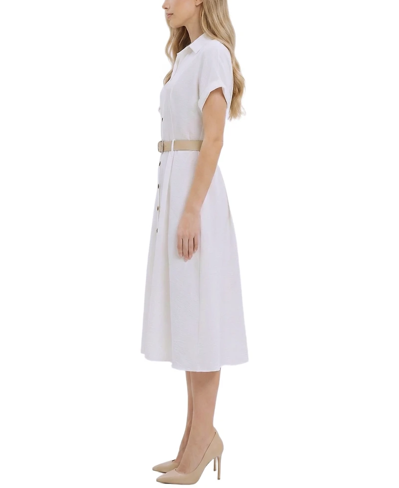 Ny Collection Women's Short-Sleeve Button Front Belted A-Line Dress