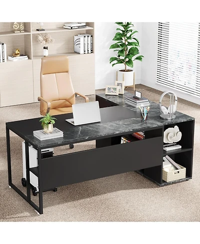 Tribesigns 71 inch Executive Desk, L Shaped Desk with Cabinet Storage, Office Shelves, Business Furniture Set Workstation