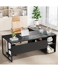 Tribesigns 71 inch Executive Desk, L Shaped Desk with Cabinet Storage, Office Shelves, Business Furniture Set Workstation