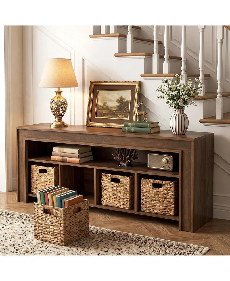 Tribesigns Tv Stand Tvs, Farmhouse Entertainment Center with Storage, Wooden TV Console with 4 Woven Baskets and Open Shelf
