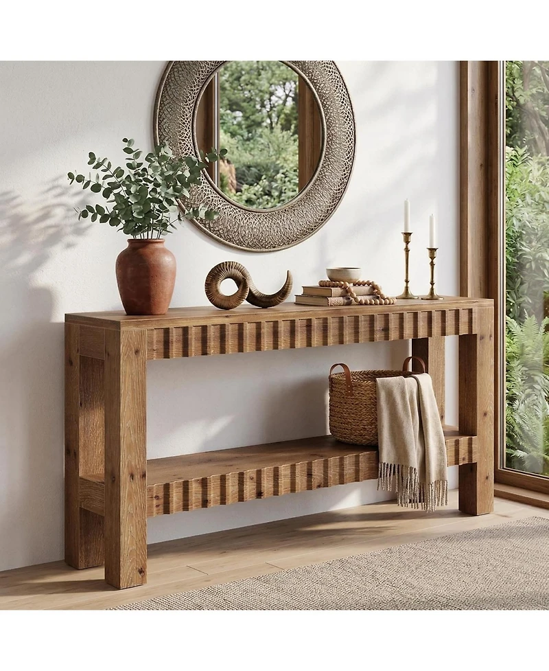 Tribesigns Solid Wood Console Table, 63" Farmhouse Long Entryway Table with Storage, 2-Tier Rectangular Narrow Sofa Table Behind Couch