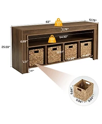 Tribesigns 63" Extra Long Bookcase with 4 Woven Baskets, Farmhouse Low Horizontal Bookshelf Storage Organizer, Long Wooden Cube Cabinet