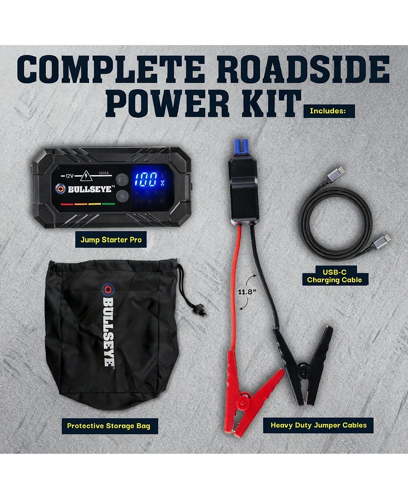 Bullseye Pro 12V 2250mAh Rechargeable Portable Battery Jump Starter with Light, Power Bank
