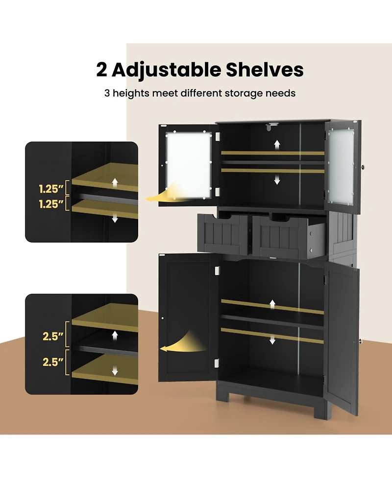 sumyeg 4-Door Freestanding Bathroom Floor Storage Cabinet with Drawers and Glass Doors