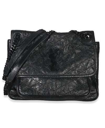 Pre-Owned Saint Laurent Black Crinkled Calfskin Matelasse Medium Niki Chain Satchel