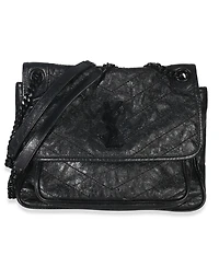Pre-Owned Saint Laurent Black Crinkled Calfskin Matelasse Medium Niki Chain Satchel