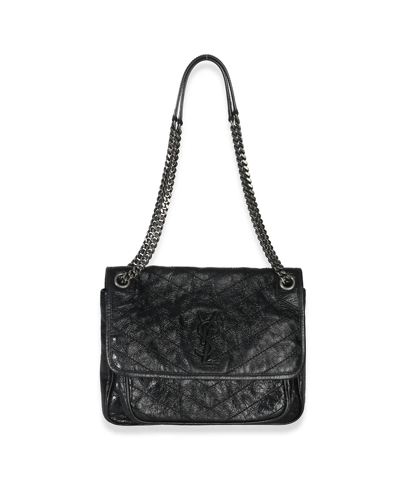 Pre-Owned Saint Laurent Black Crinkled Calfskin Matelasse Medium Niki Chain Satchel