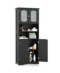 sumyeg 58.5 Inch Freestanding Linen Bathroom Storage Cabinet with Frosted Glass Doors