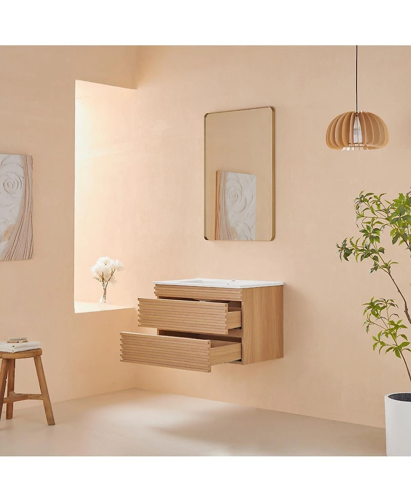 Sillysis Wall Mounted Floating Bathroom Vanity with Ceramic Sink, Fully Assembled Plywood Cabinet, 2 Drawers for Small Spaces