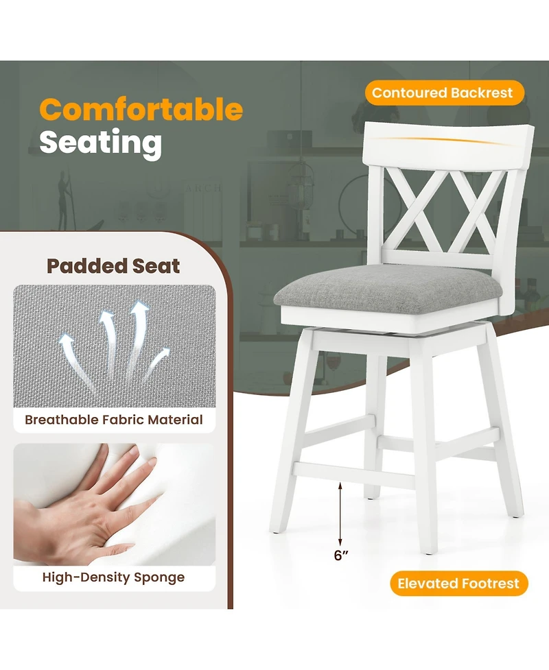Gymax 26 Inch Set of 2 Bar Stool Wooden Chair Contoured Backrest Swivel Padded Seat