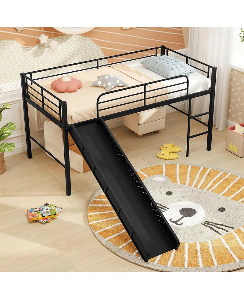 Gymax Twin Metal Loft Bed with Slide Guardrails Built-in Ladder Low Bed Frame Silver