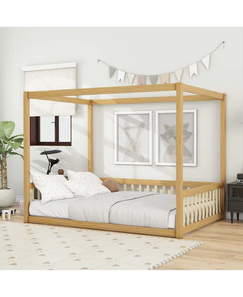 Clihome Full Canopy Frame Rubber Wood Floor Bed with Fence,Guardrails