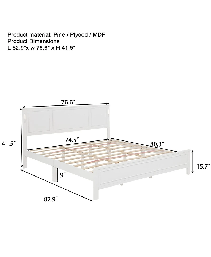 Clihome King Size Bed with Tall-Panel Headboard and Footboard, Built-in Led Lights, Usb Charging Station