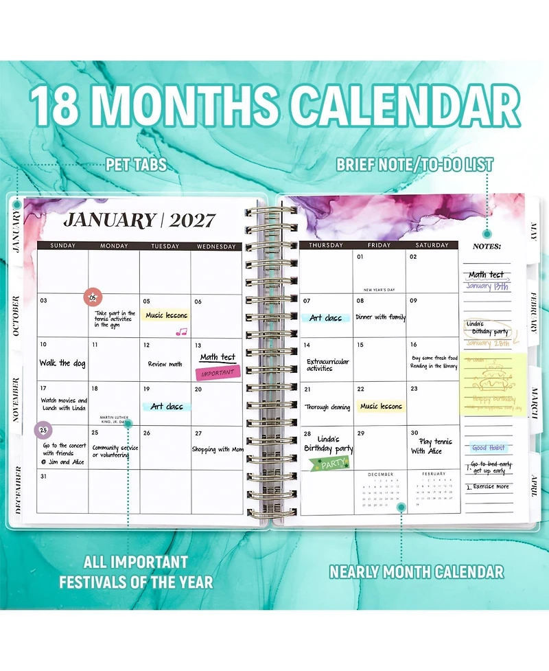 Gnuadz Academic Planner 18 Months Daily Weekly Monthly Agenda Feather Tabs Pocket Stickers 2026-2027