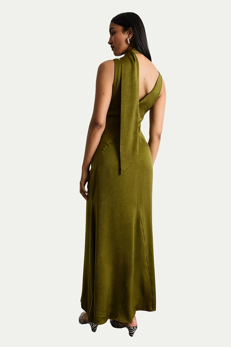 Warehouse Women's Plain Scarf Detail Tie Neck Maxi Dress