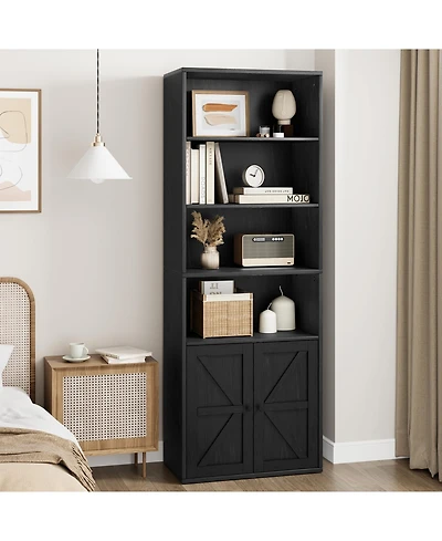 gaomon 71.4 Inch Tall Farmhouse 6 Tier Bookcase with Barn Doors and Storage Cabinet