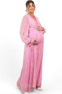 Pinkblush Maternity Pink Paisley Deep V-Neck Long Sleeve Maxi Dress