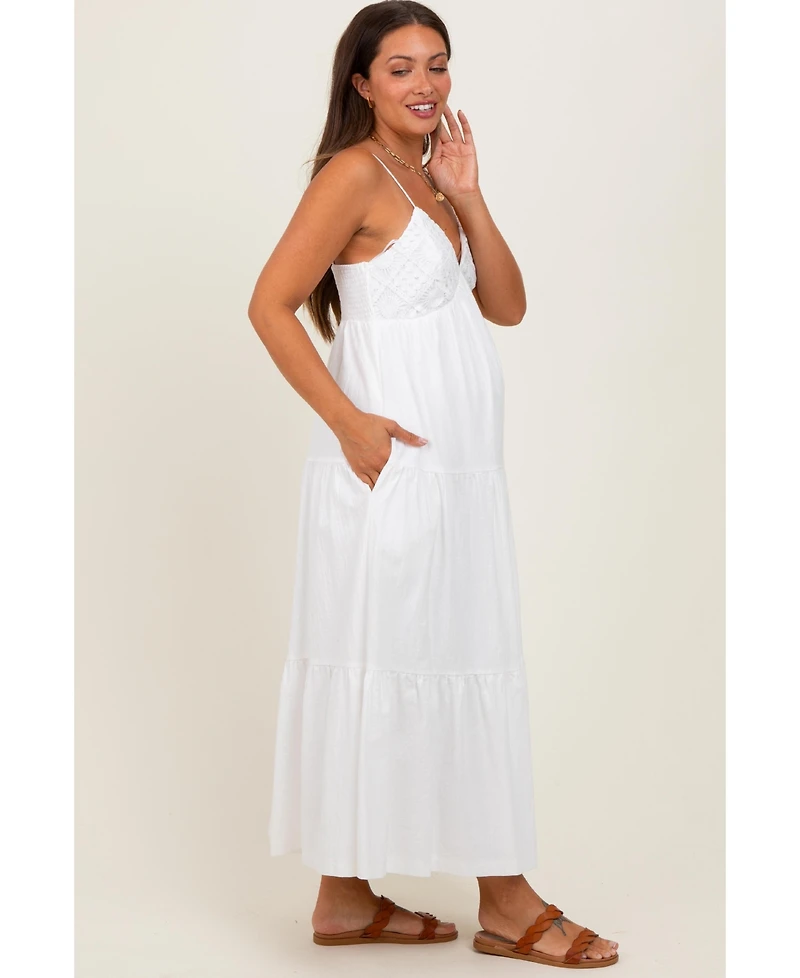 Pinkblush Maternity White Crochet Flare Smocked Maxi Dress