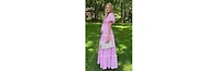 Pinkblush Maternity Pink Smocked Ruffle Tiered Puff Sleeve Maxi Dress