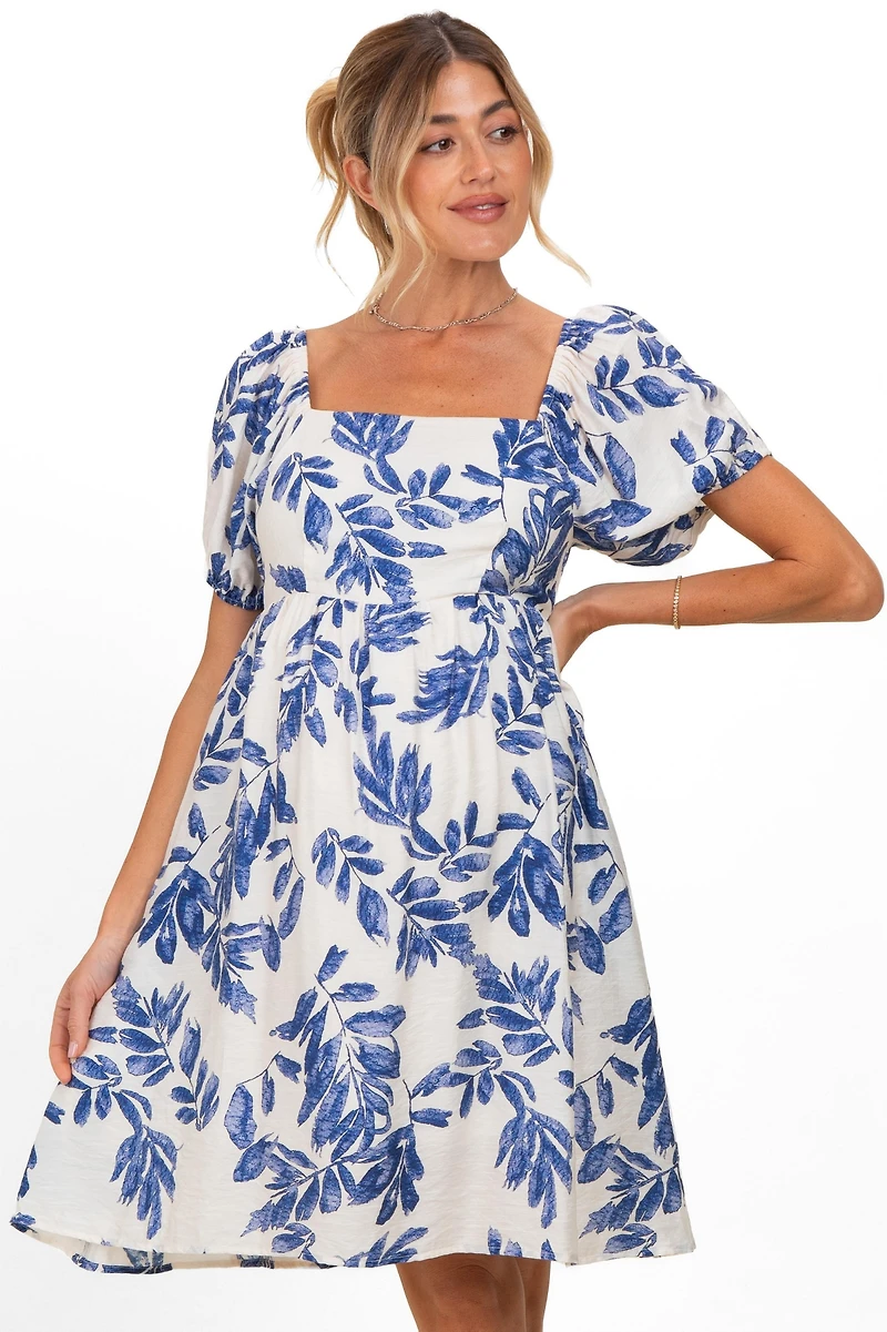 Pinkblush Maternity Blue Floral Puff Sleeve Dress