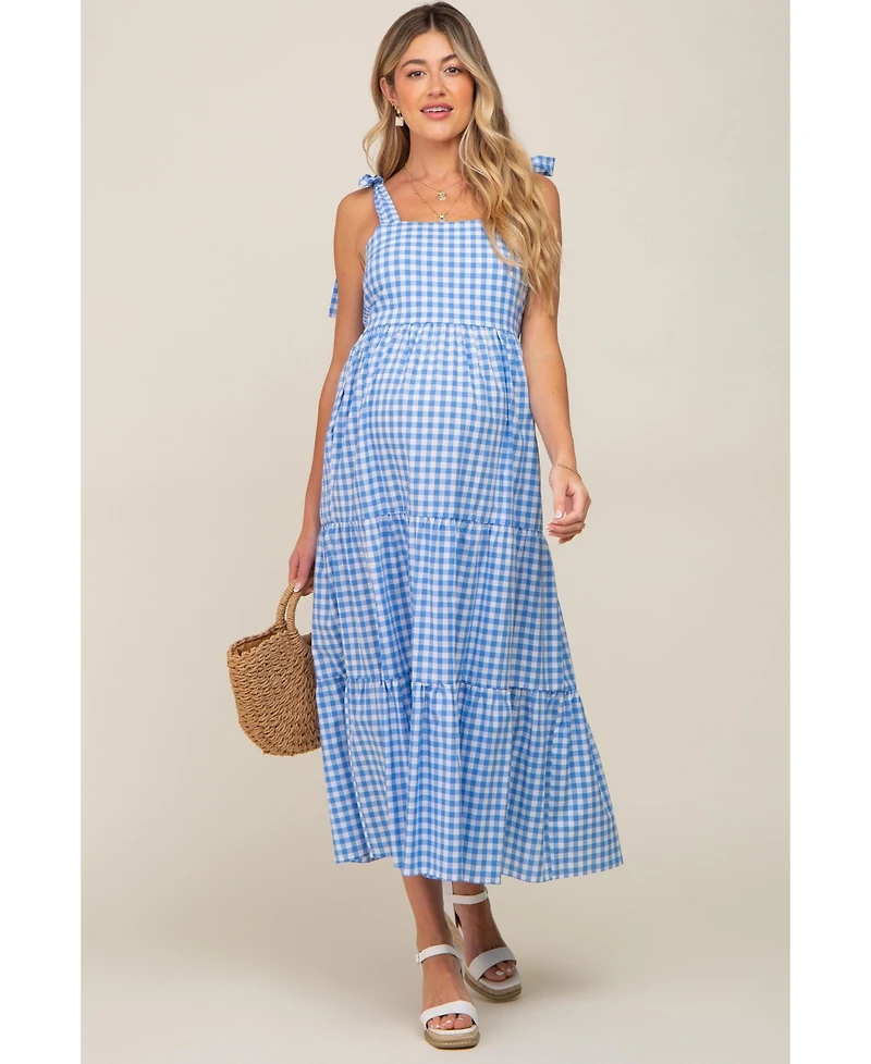 Pinkblush Maternity Blue Checkered Sleeveless Tiered Maxi Dress