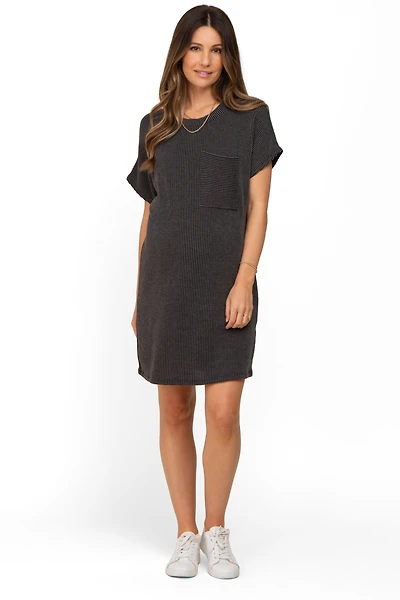 Pinkblush Maternity Charcoal Ribbed Front Pocket Dolman Short Sleeve Dress