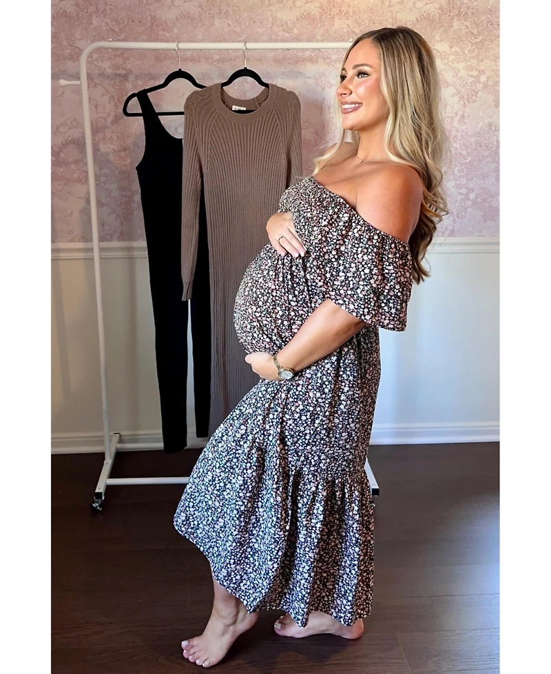 Pinkblush Maternity Cream Floral Flutter Midi Dress