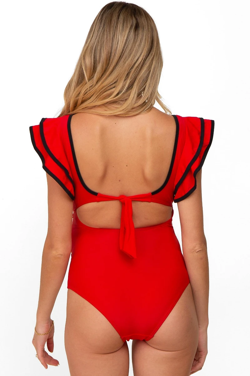Pinkblush Maternity Red Color Blocked Ruffle Shoulder Cutout Back One Piece Swimsuit