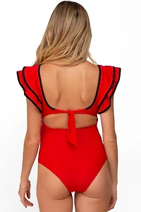 Pinkblush Maternity Red Color Blocked Ruffle Shoulder Cutout Back One Piece Swimsuit