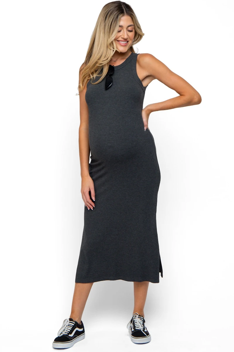 Pinkblush Maternity Taupe Ribbed Side Slit Tank Dress