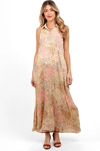 Pinkblush Maternity Peach Floral Sleeveless Button Tiered Collared Maxi Dress
