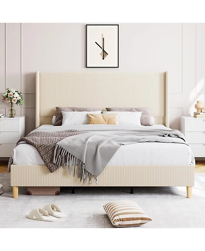 gaomon Bed Frame, Upholstered Platform Corduroy Bed Frame with Vertical Channel Tufted Wingback Headboard, Strong Wooden Slats, No Box Spring Needed