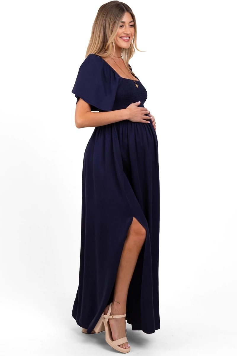 Pinkblush Maternity Navy Chambray Smocked Maxi Dress