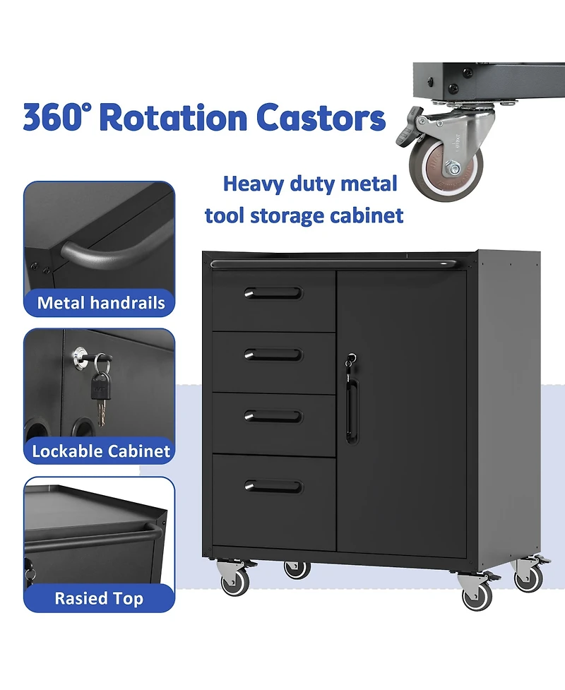 Viyet 35"H Mobile Steel Tool Cabinet - 4-Drawer and Lockable Storage Organizer