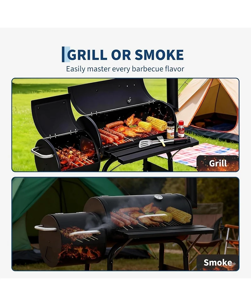 Xo Charcoal Grill with Offset Smoker, Barrel Bbq Smoker Combo with Wheels for Patio Camping Party