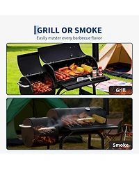 Xo Charcoal Grill with Offset Smoker, Barrel Bbq Smoker Combo with Wheels for Patio Camping Party