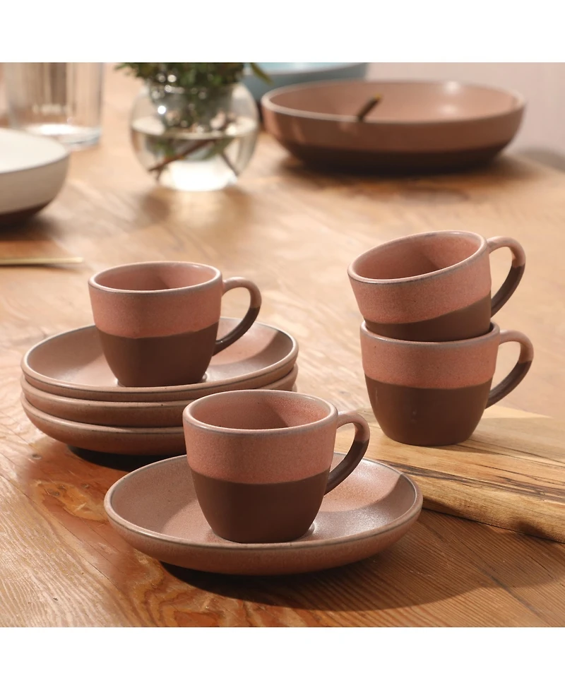 Gibson Home William Crest 8 Piece Cup and Saucer Set, 4 pieces 3.5oz Stoneware Cups and 4 pieces 5.5" Saucers, Reactive Coffee