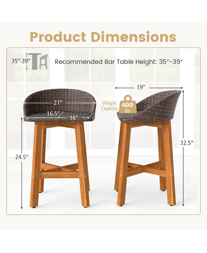 Costway Outdoor Faux Rattan Bar Chairs Solid Acacia Wood Bar Stools for Porch