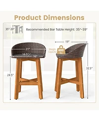 Costway Outdoor Faux Rattan Bar Chairs Solid Acacia Wood Bar Stools for Porch