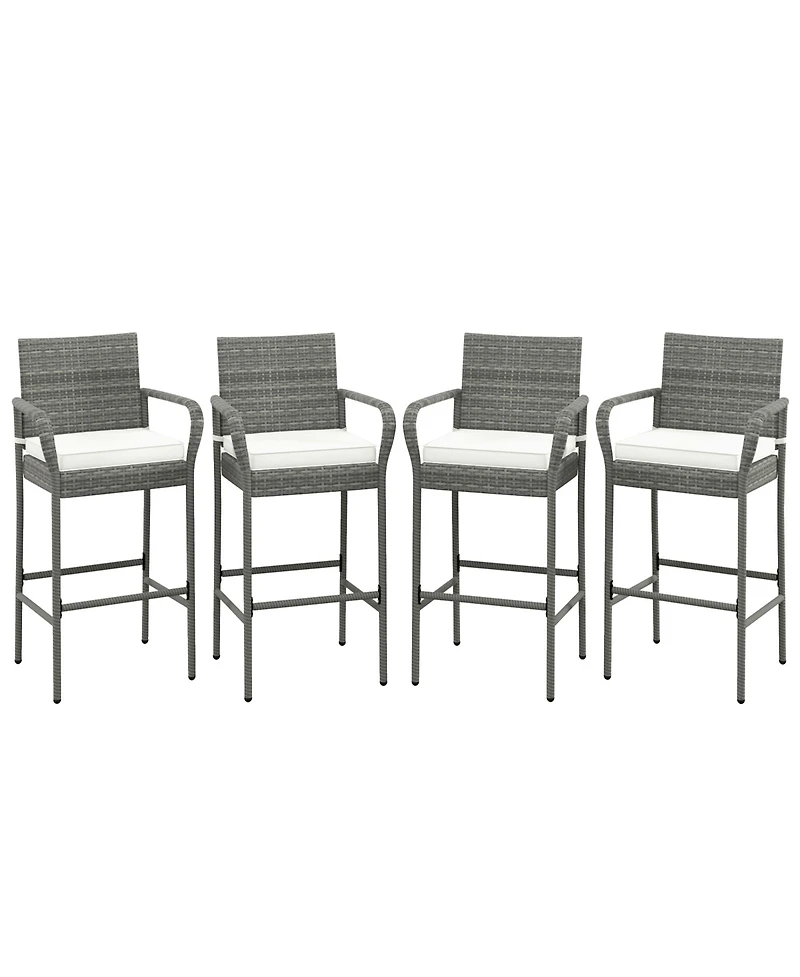 Gymax Set of 4 Rattan Patio Bar Stools Outdoor Bar Height Chairs with Cushions