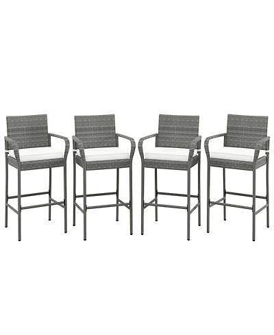 Gymax Set of 4 Rattan Patio Bar Stools Outdoor Bar Height Chairs with Cushions